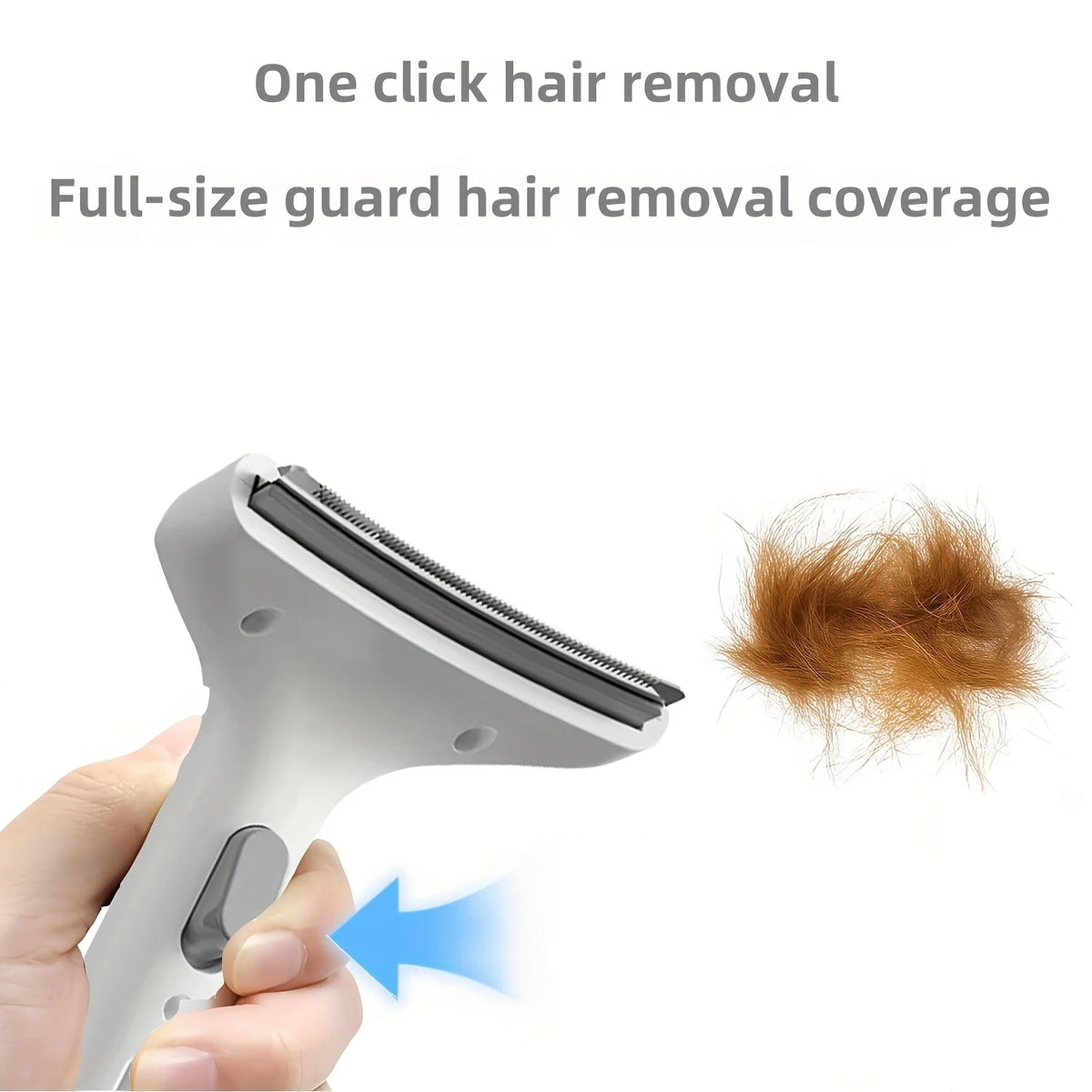 A hand is demonstrating the one-click hair removal feature of a white pet hair remover brush against a clump of brown hair.