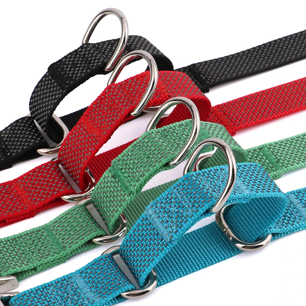 A collection of colorful dog collars featuring various patterns and metal buckles.