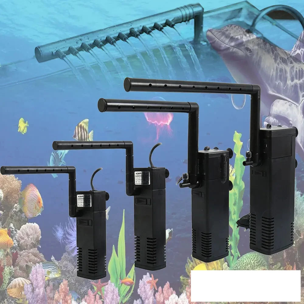 Un ensemble de filtres et de pompes pour aquarium submersible, présentés avec des plantes aquatiques et de l'eau.