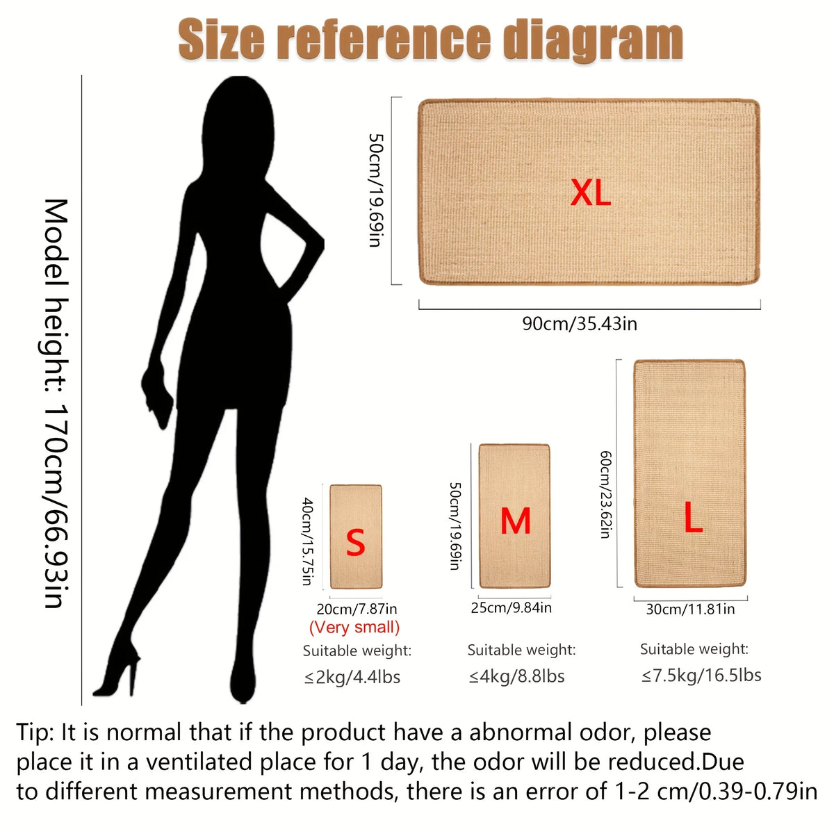 Size reference diagram showing the dimensions of small to large cat scratching mats labeled S, M, and L.