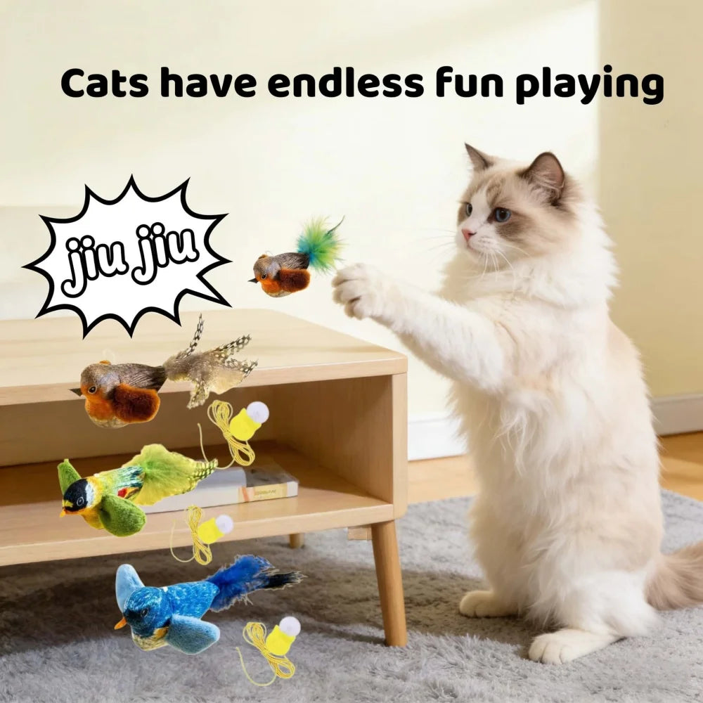 A fluffy cat plays with various interactive bird toys featuring realistic feathers and catnip.