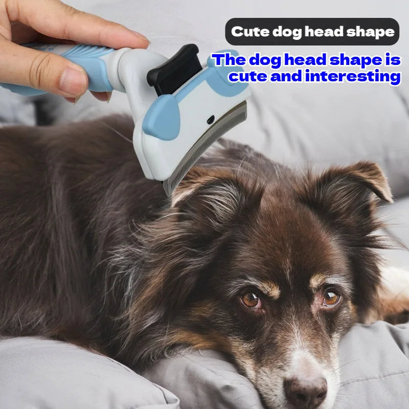 A hand is using a pet thinning comb on a dog's head to remove hair.