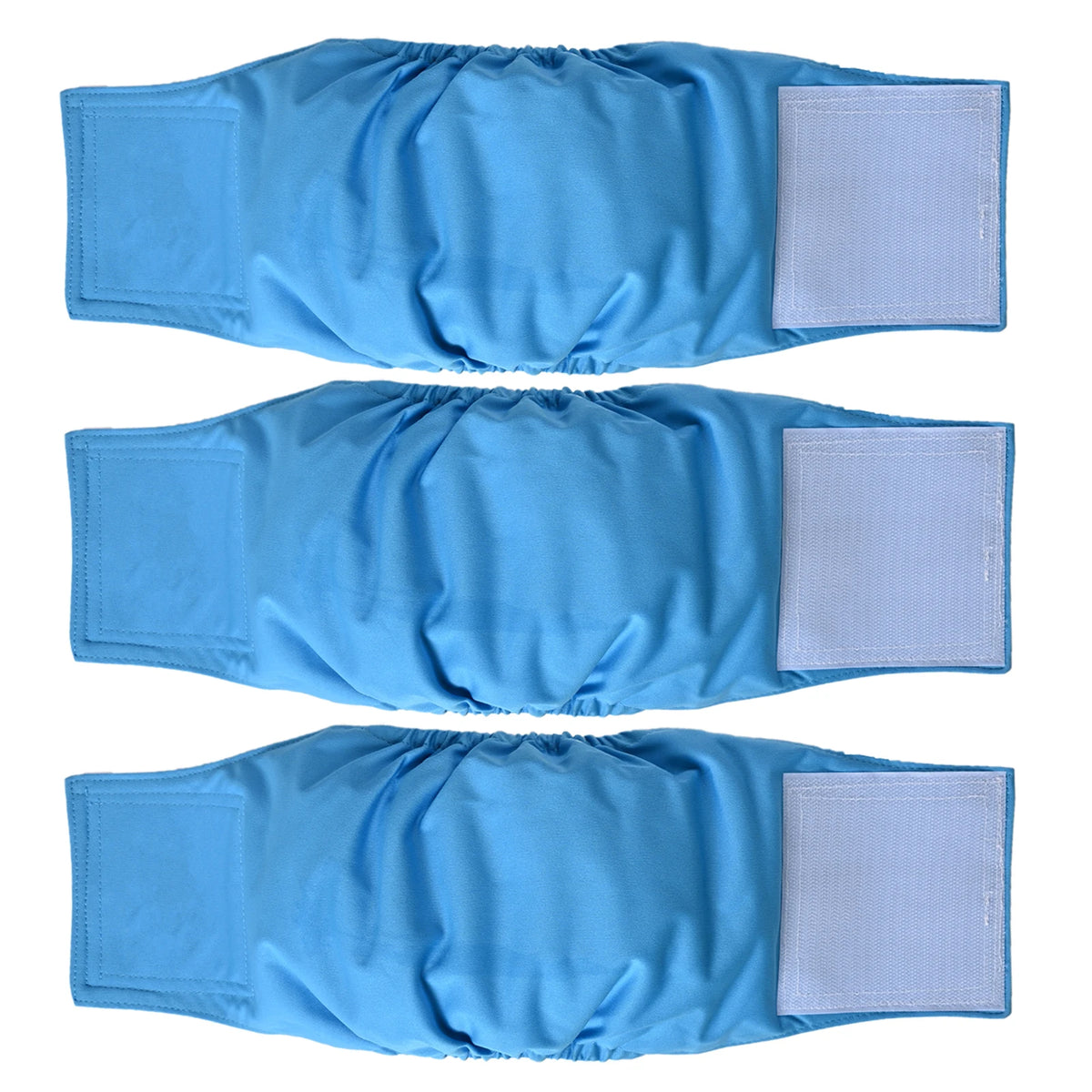 Three blue washable dog belly bands for male dogs used as reusable incontinence diapers