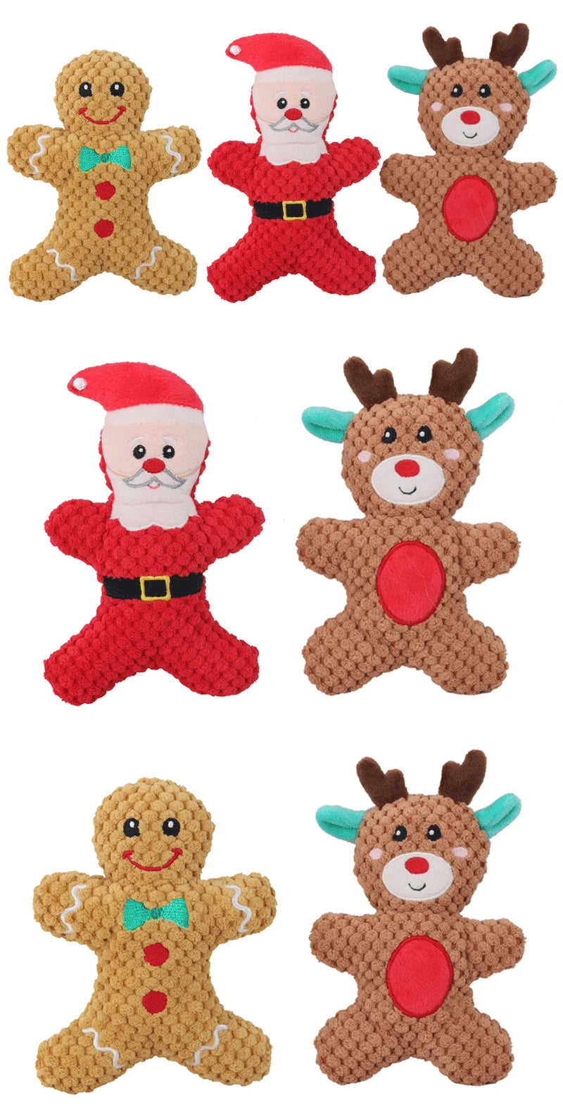 A collection of holiday plush toys featuring designs of Santa, an elk, a gingerbread man, and a donut.