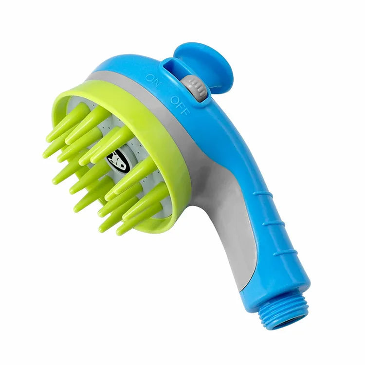 A bright blue and lime green pressurized pet bath nozzle for dogs and cats.