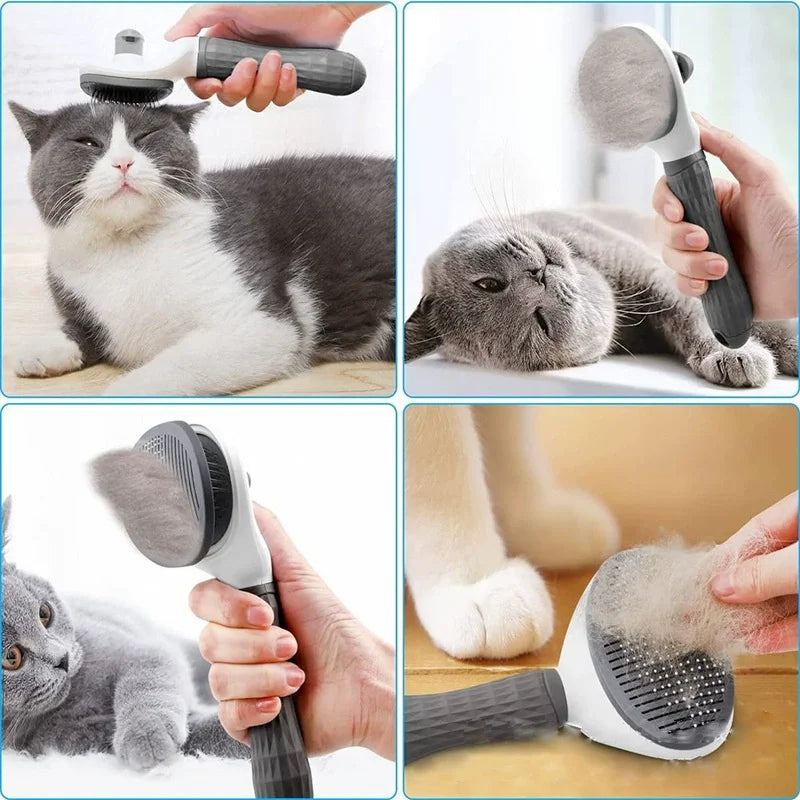 Hands are using a self-cleaning pet slicker brush on a cat and dog.
