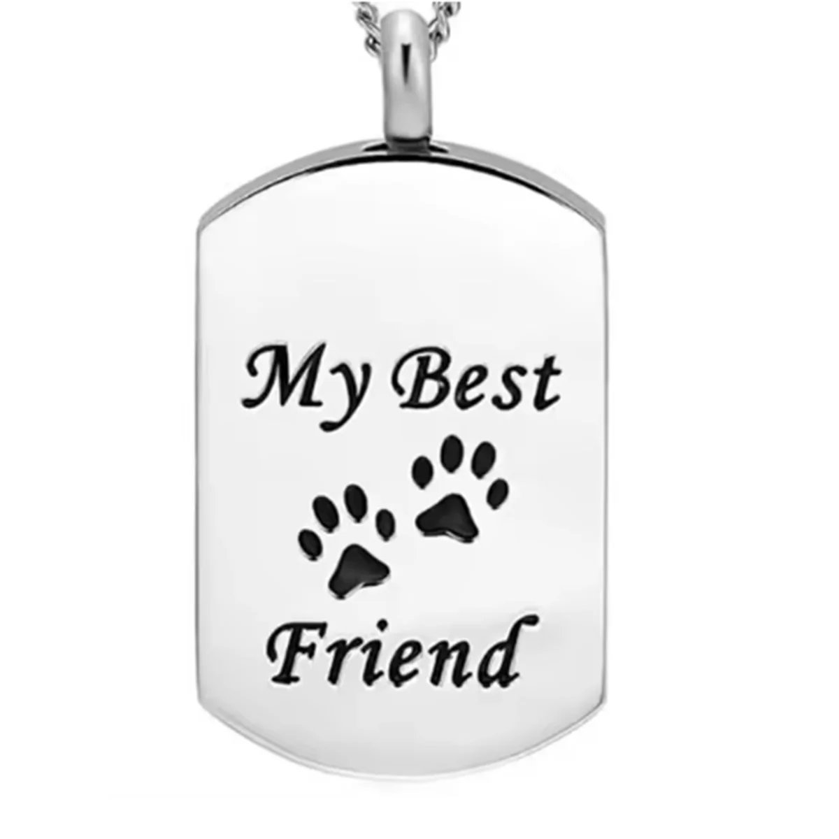 Silver stainless steel pet memorial necklace engraved with My Best Friend and a paw print