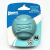 A blue silicone fetch ball packaged in a cardboard sleeve labeled Chuckit Medium size.
