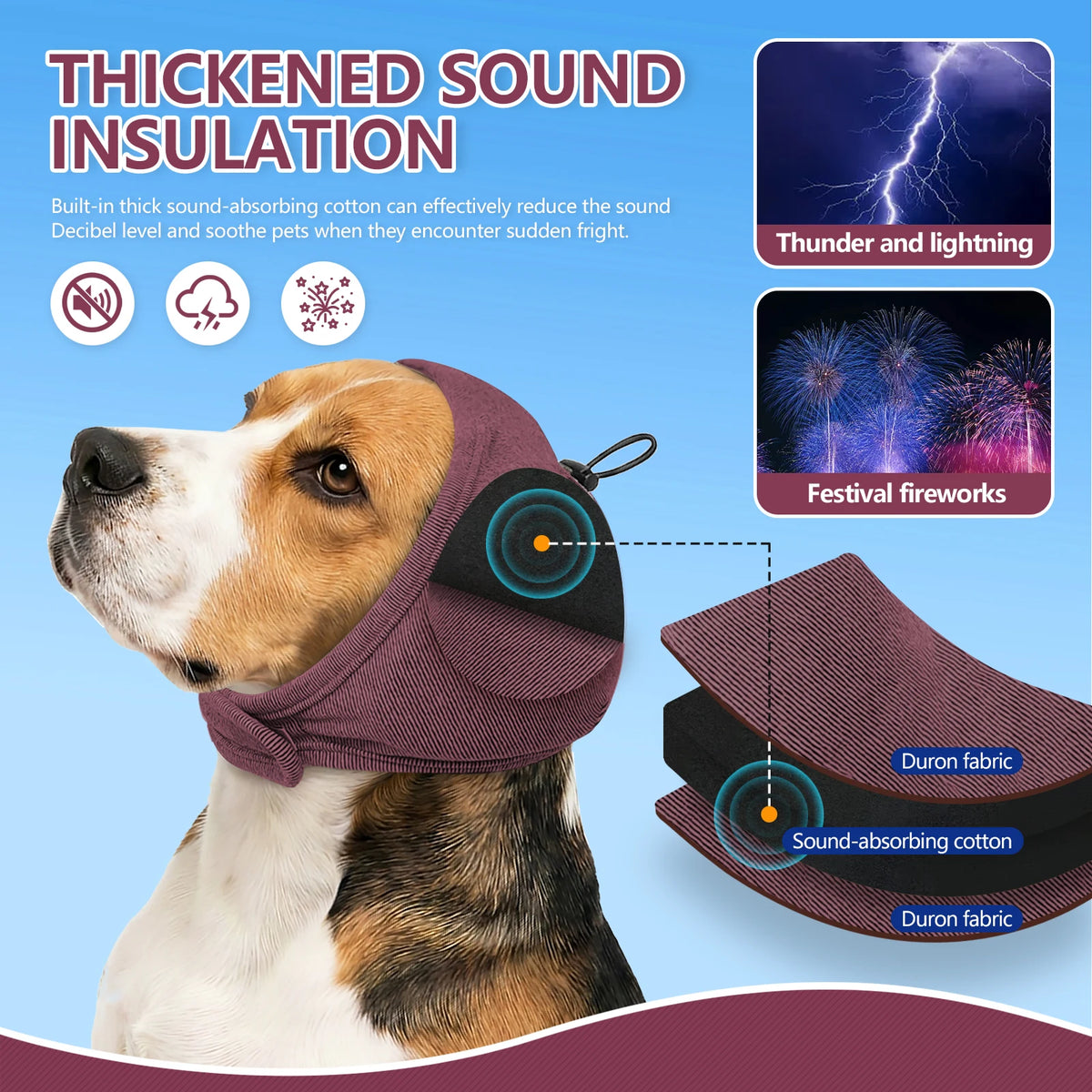 A dog wearing a purple sound insulation ear wrap designed to reduce noise and anxiety.