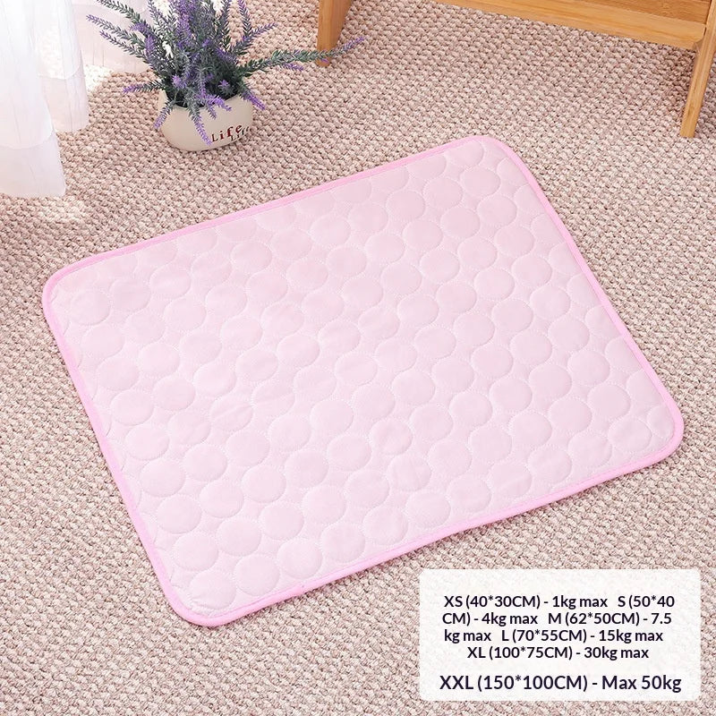Pink instant cooling pet mat for dogs and cats with a quilted texture