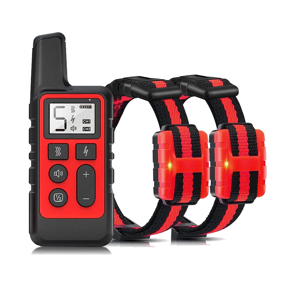 A black and red rechargeable remote dog training collar with an LCD display and a strap is shown.