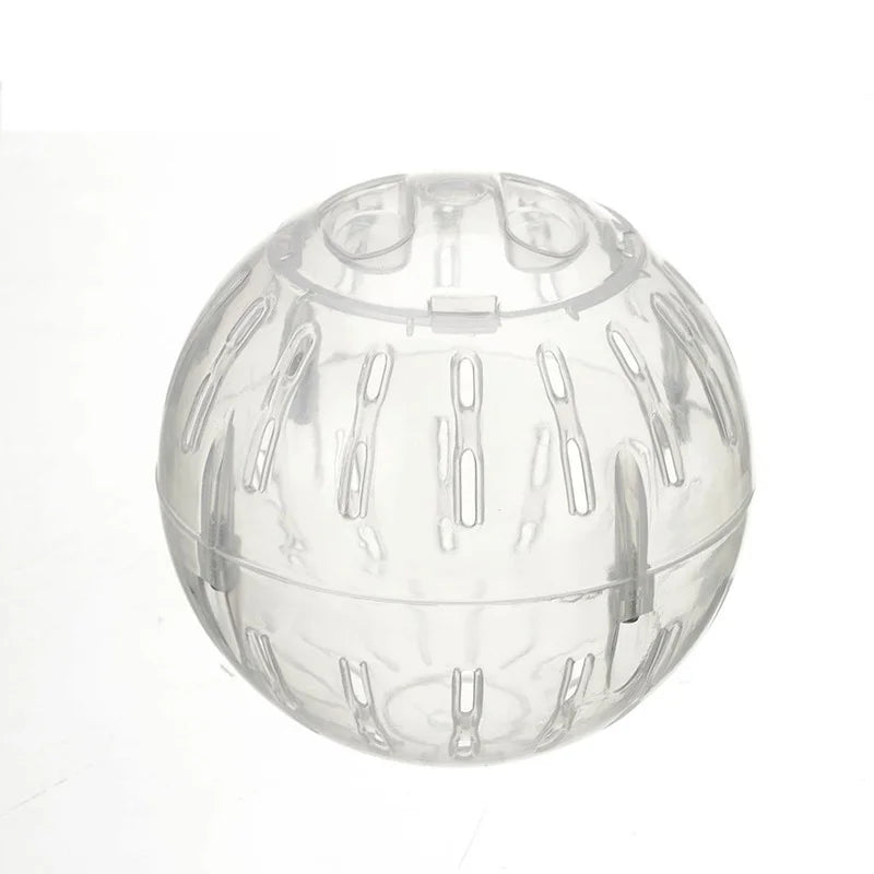 A clear, transparent exercise ball designed for small pets like hamsters.