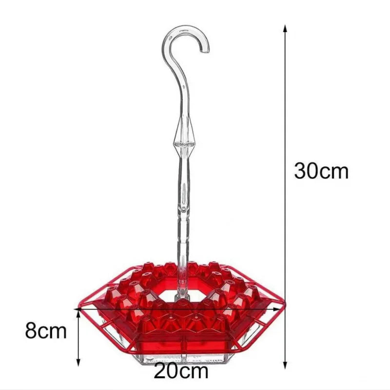 A red hummingbird feeder with a hanging hook, shown with dimensions of 30cm total height and an 8cm base.