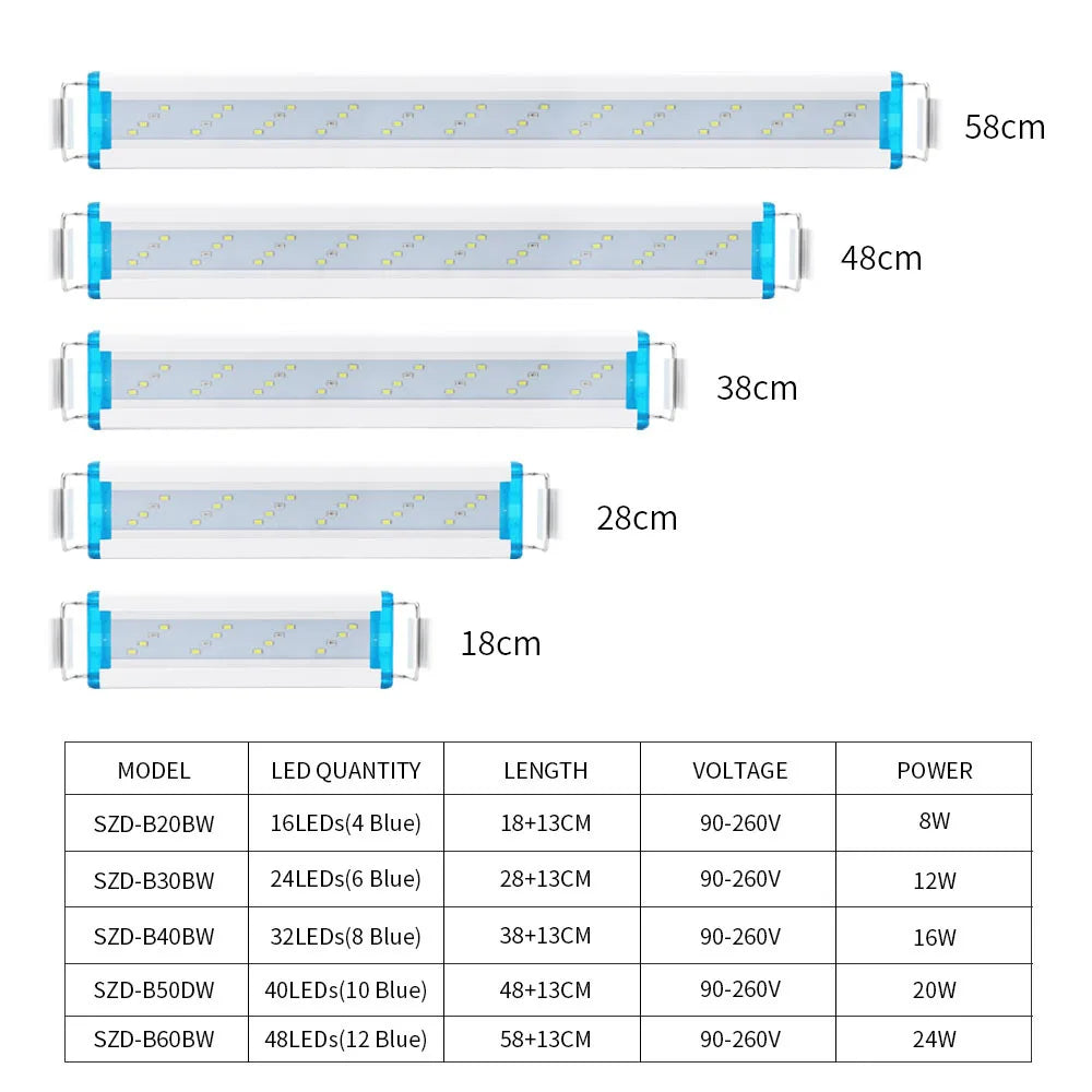 A set of adjustable clip-on LED aquarium lights with various lengths ranging from 18cm to 58cm.