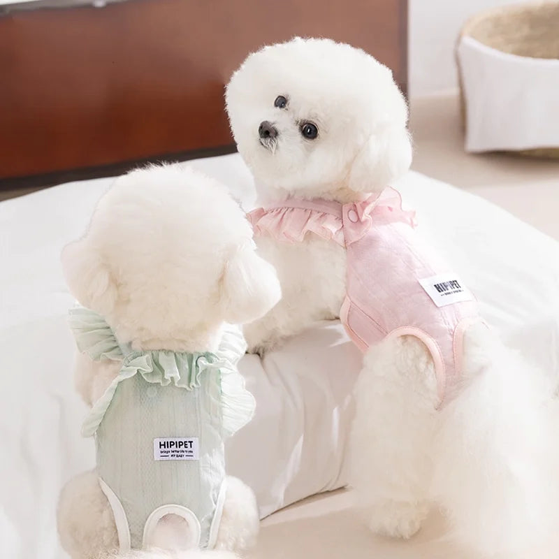 A fluffy white dog wearing pink ruffled shorts is shown lying down.