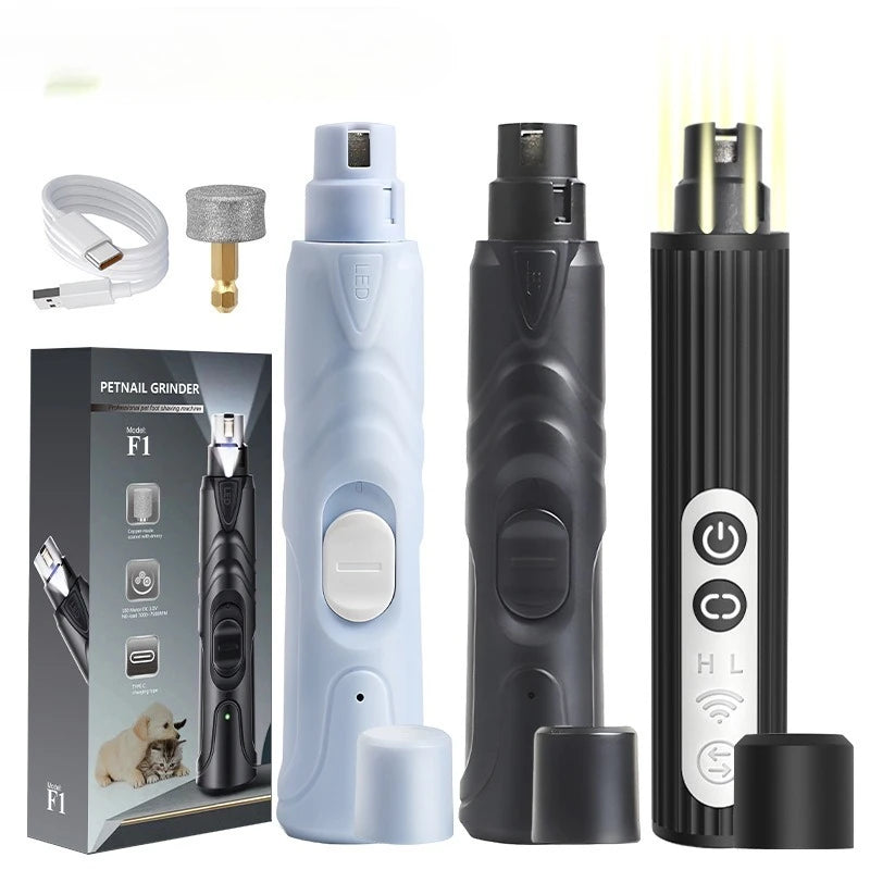 Un ensemble de ponceuses électriques pour griffes d'animaux, bleu clair et noir, avec l'unité principale et divers accessoire