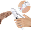 Eine Hand hält einen weißen elektrischen Nagelhauttrimmer und -hobel, mit einer Ansicht, wie das Werkzeug an einem Tiernagel 