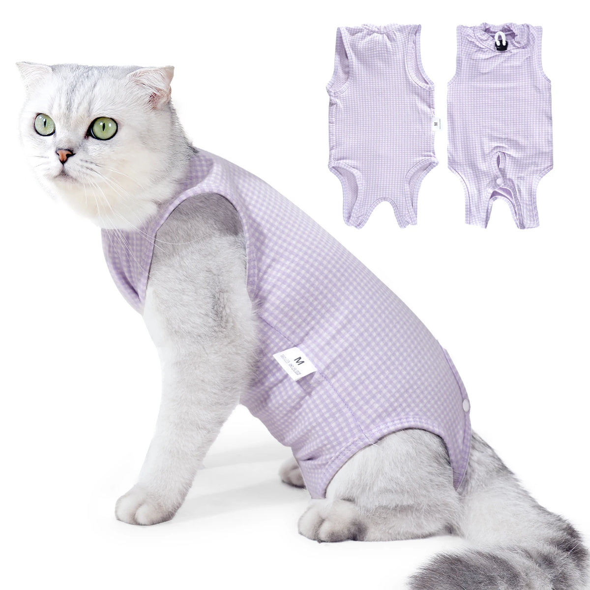 A gray cat wearing a lavender professional recovery suit with a checkered pattern.