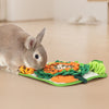 Ein kleiner grauer Hase futtert auf einer Matte mit bunten Gemüse wie Karotten und Grünzeug.