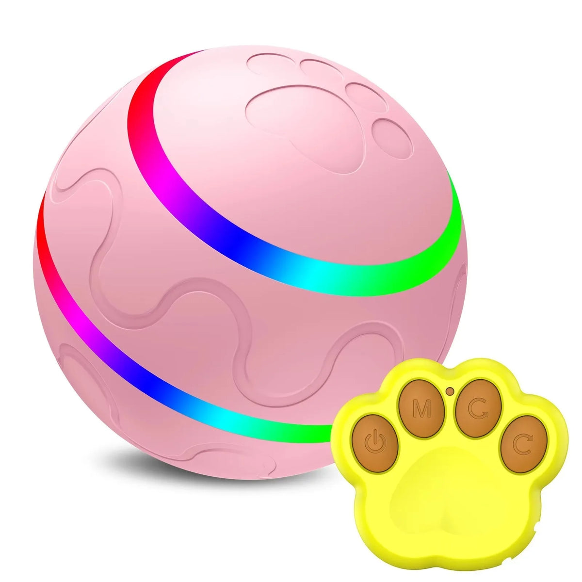 Pink pet ball with colored light rings and a yellow paw print on the bottom