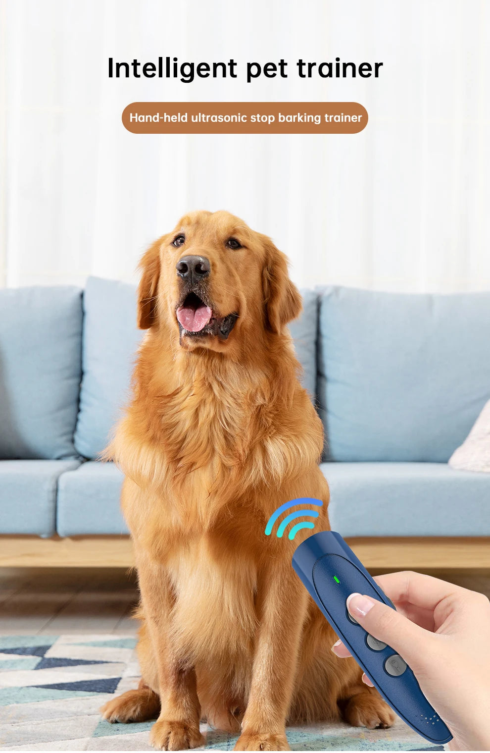 A hand is holding a blue ultrasonic dog bark deterrent trainer near a golden retriever.