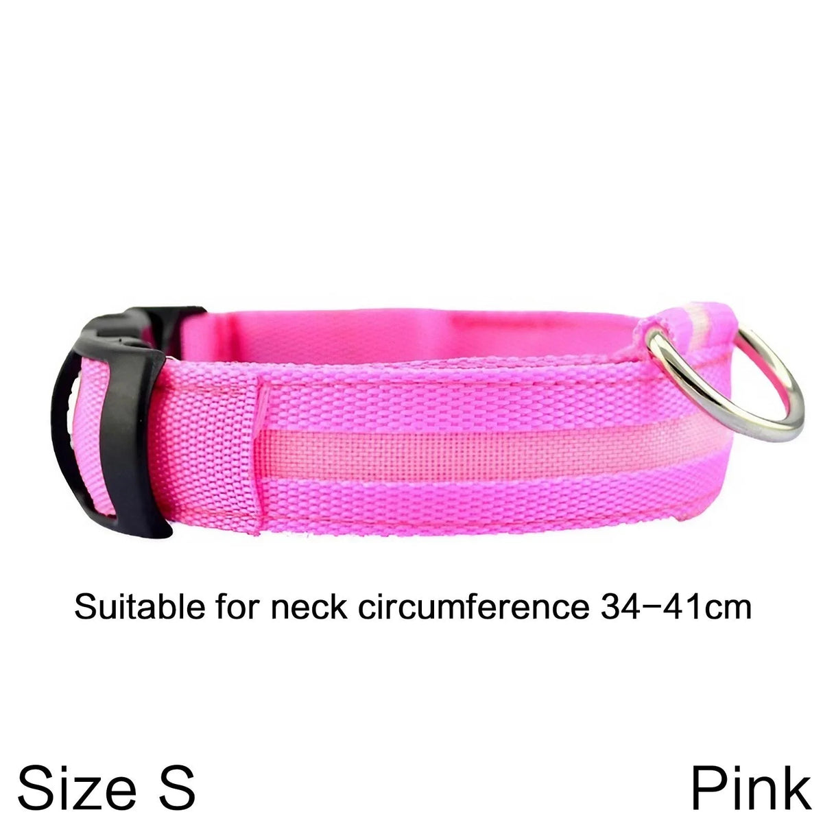 Pink reflective LED dog collar suitable for neck circumference 34-41cm