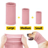 Drei Größen rosa beruhigende Ohrenschutz-Ohrhörer für Hunde, gekennzeichnet als groß, mittel und klein
