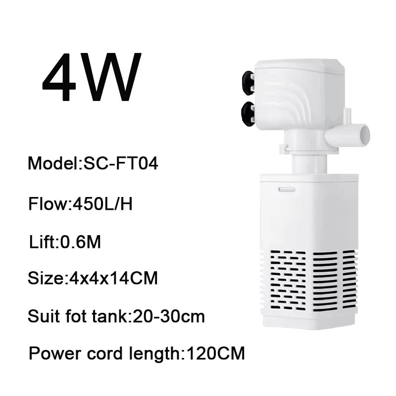 White submersible aquarium filter pump with a power cord and various specifications listed.