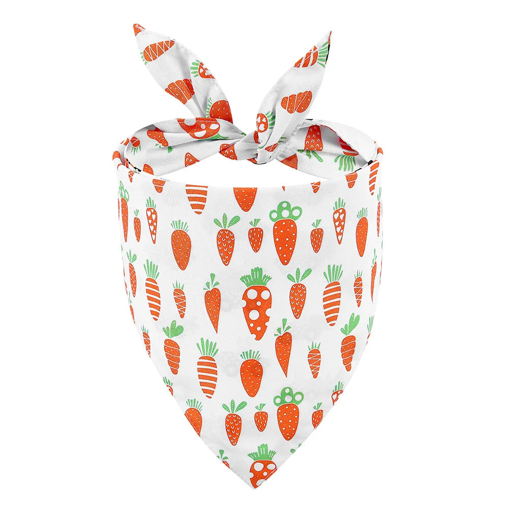 A white fabric bandana featuring an all-over print of carrots, strawberries, and Easter eggs.