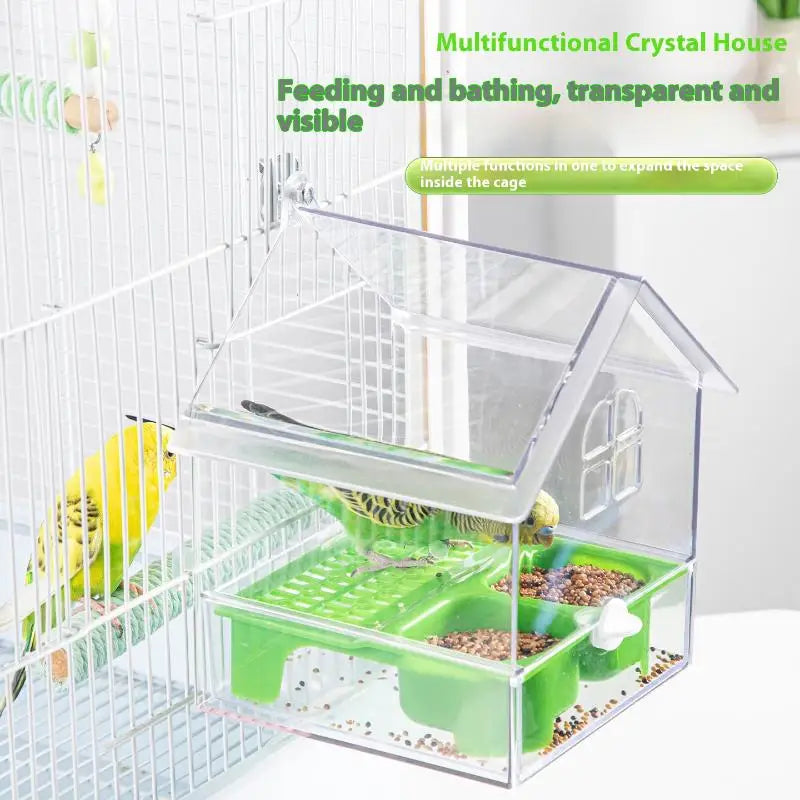 A clear acrylic crystal house for a parrot, designed for feeding and bathing inside a cage.