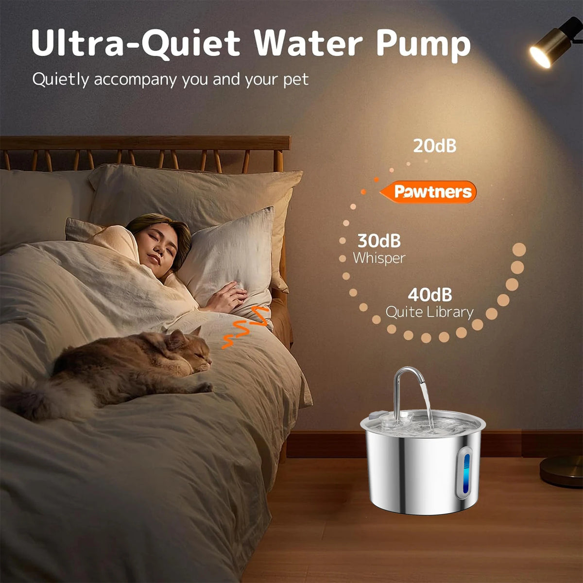 Stainless steel cat water fountain with 4 filters sitting on a wooden floor.