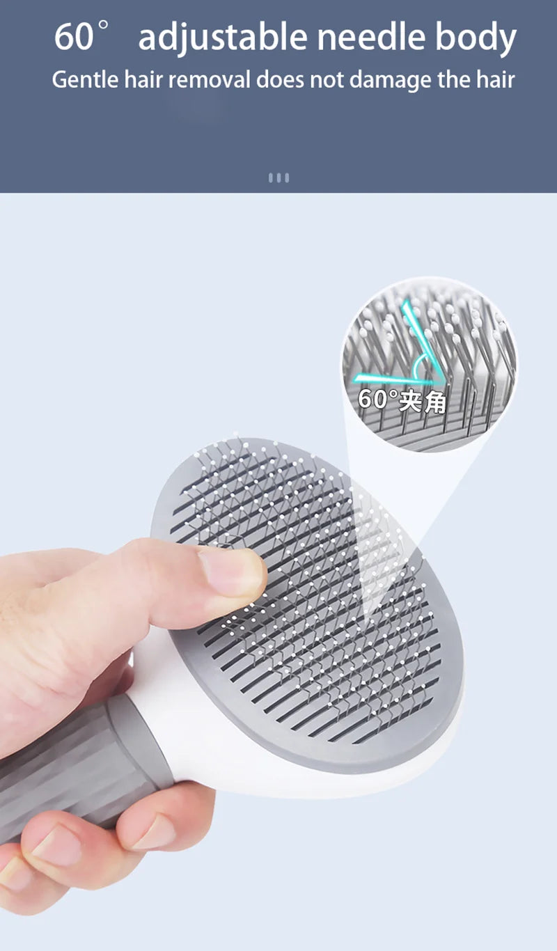 A hand holds a gray self-cleaning pet grooming brush with a 60 degree adjustable needle body, demonstrating its use.