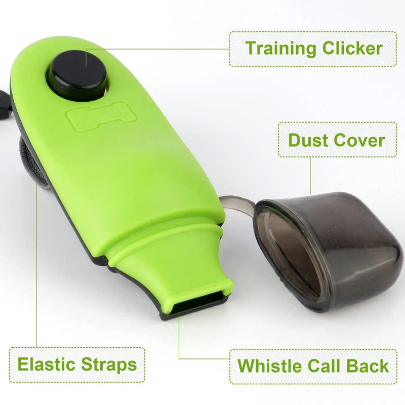 A lime green 2-in-1 dog training clicker and whistle with a dust cover and elastic straps.
