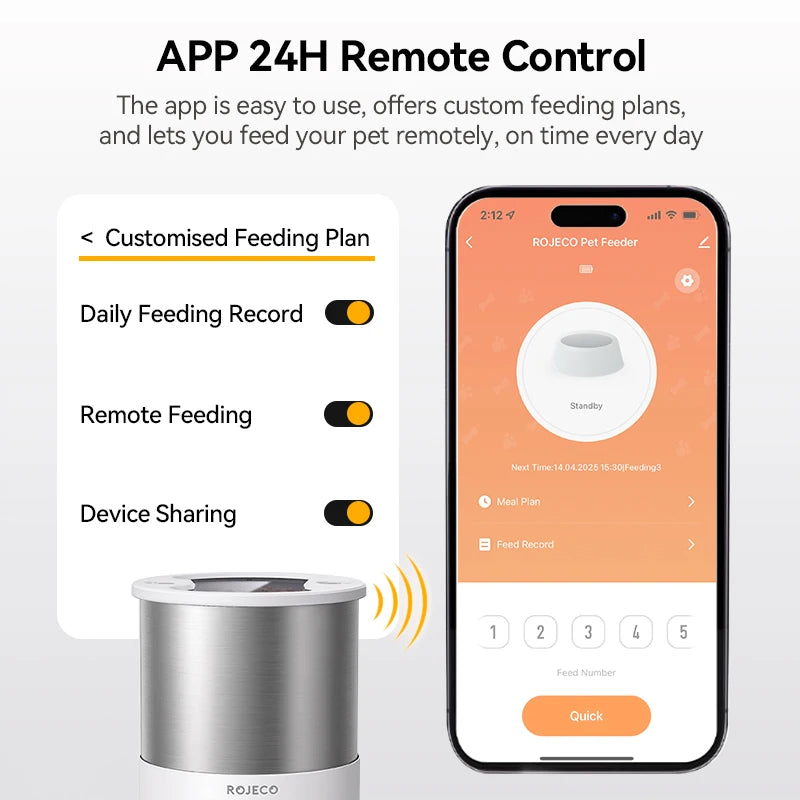An app interface showing features for a pet feeder, next to the physical silver pet feeder unit.
