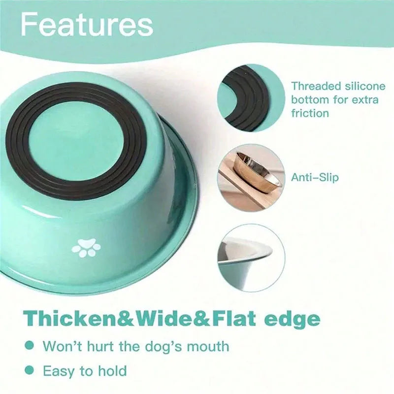 A light teal stainless steel pet bowl with a black lid and features like a threaded silicone bottom and anti-slip design.