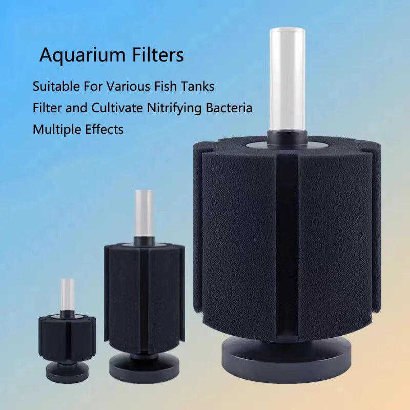 A black aquarium filter unit with an air pump and skimmer visible against a light blue background.