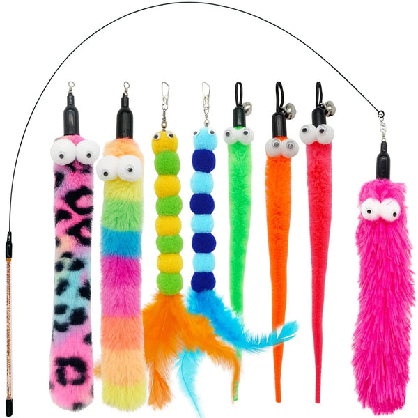 A collection of colorful, fuzzy cat wand toys with feather worms and various colored feathers.