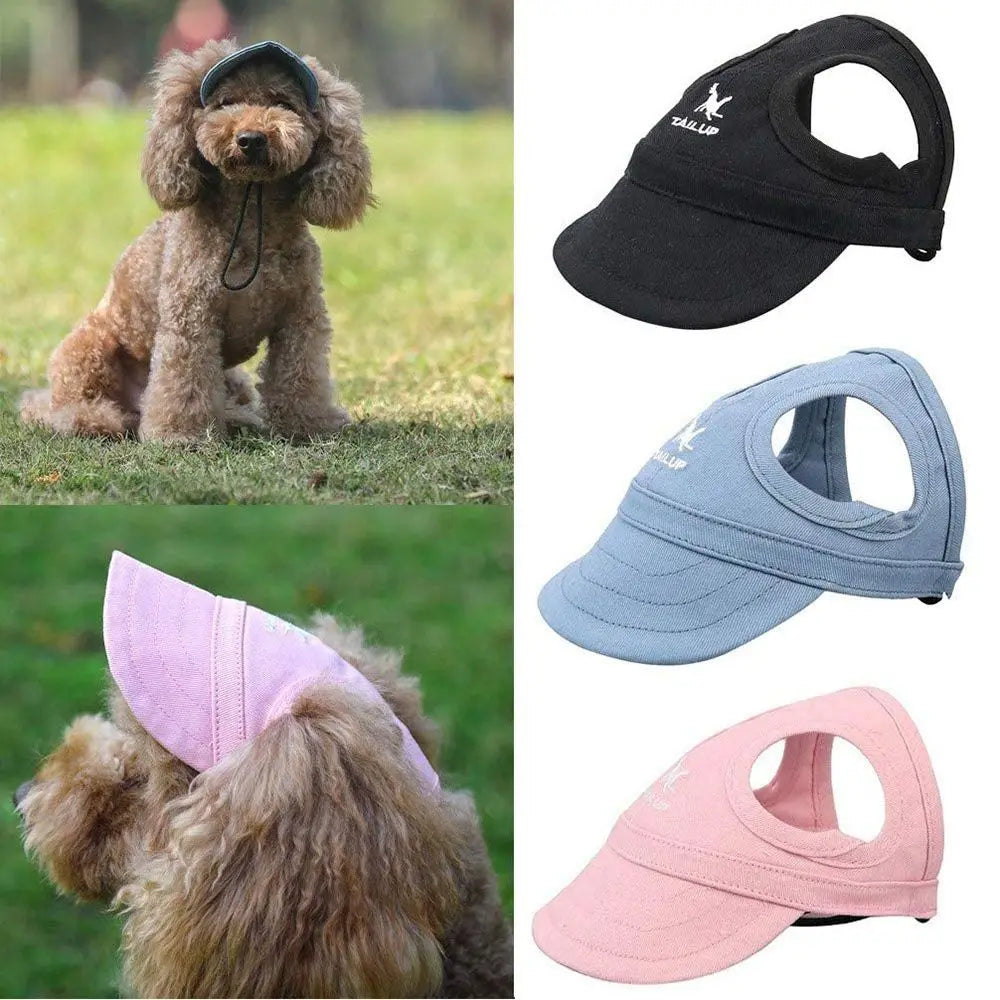 Eine Kollektion von verstellbaren Hundebälle-Hüten in Schwarz, Hellblau und Pink.