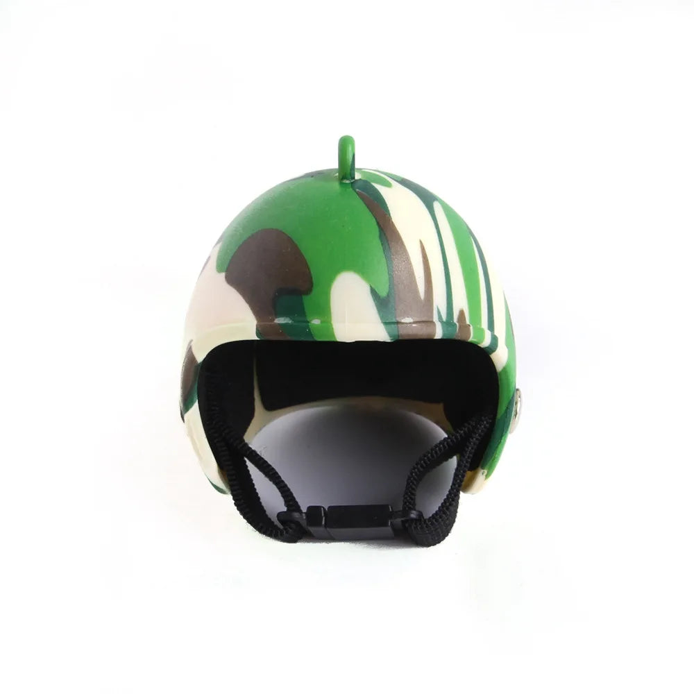 A camouflage green and brown adjustable bird safety helmet viewed from the front.