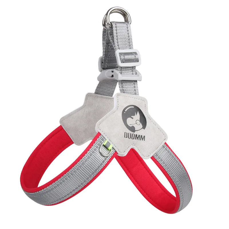 A gray and red reflective mesh pet harness for dog and cat walking.