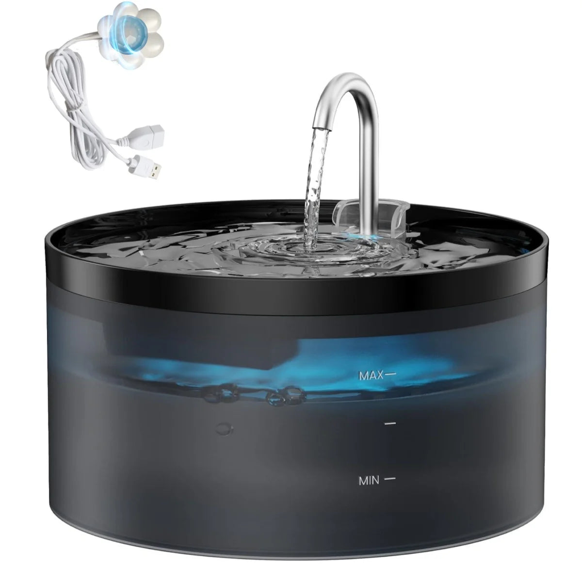 A black automatic pet water fountain with a silver spout is shown, featuring a clear water flow.