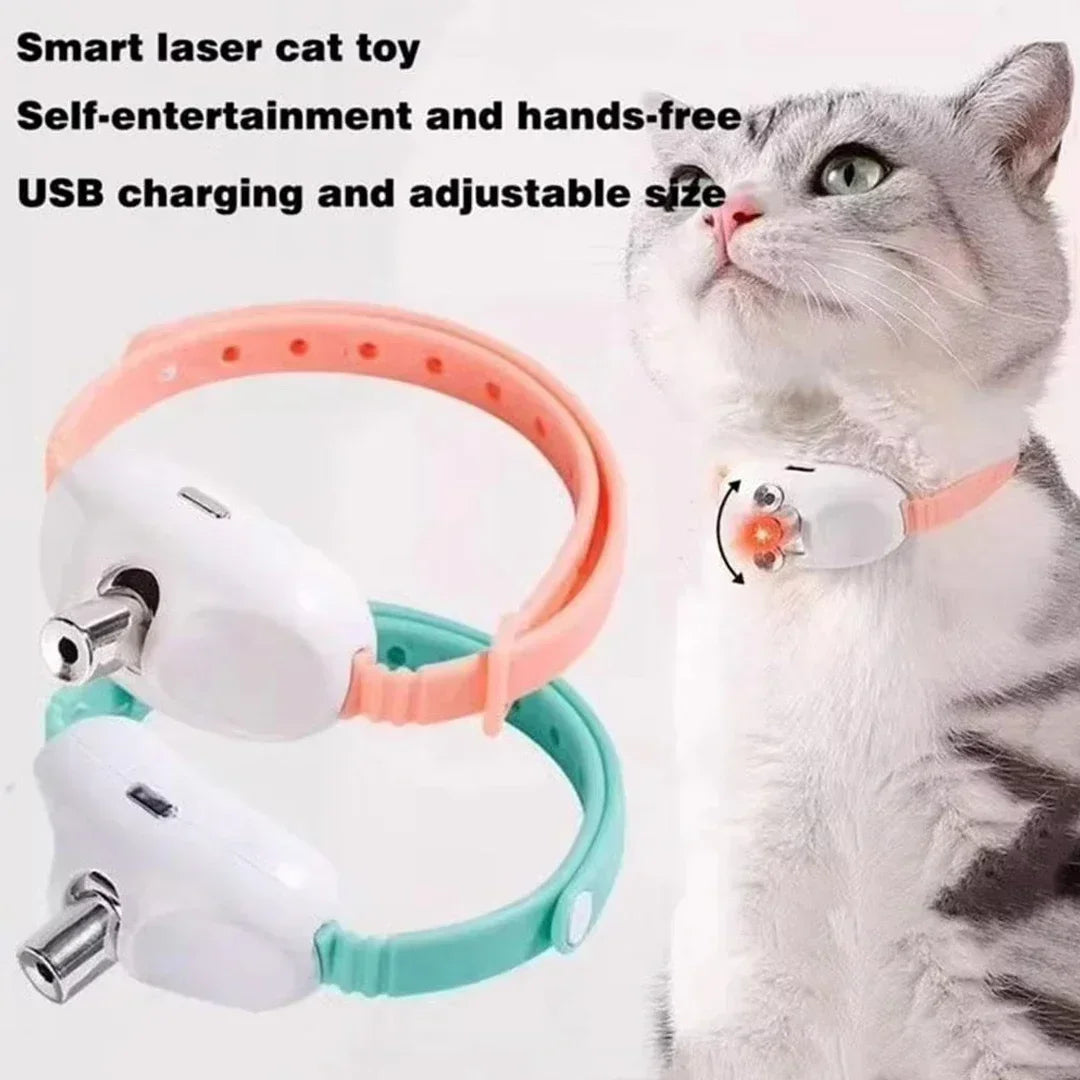 A gray cat is interacting with a white and orange self-entertainment laser cat toy worn on its collar.