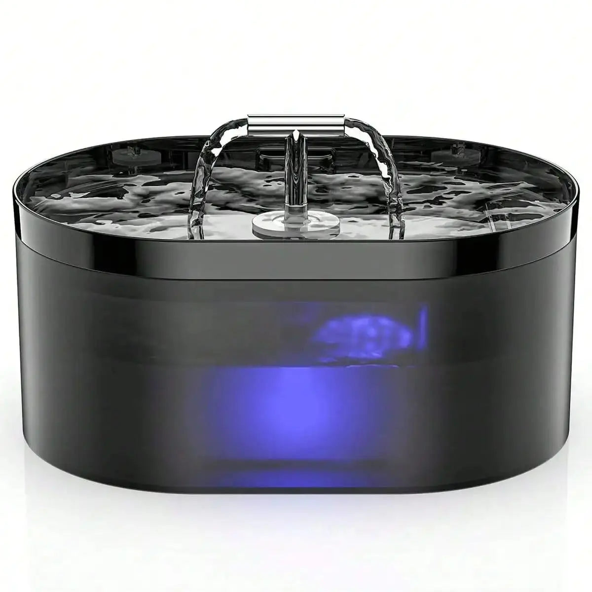 A black automatic cat water fountain with a glowing blue light and a clear water basin.