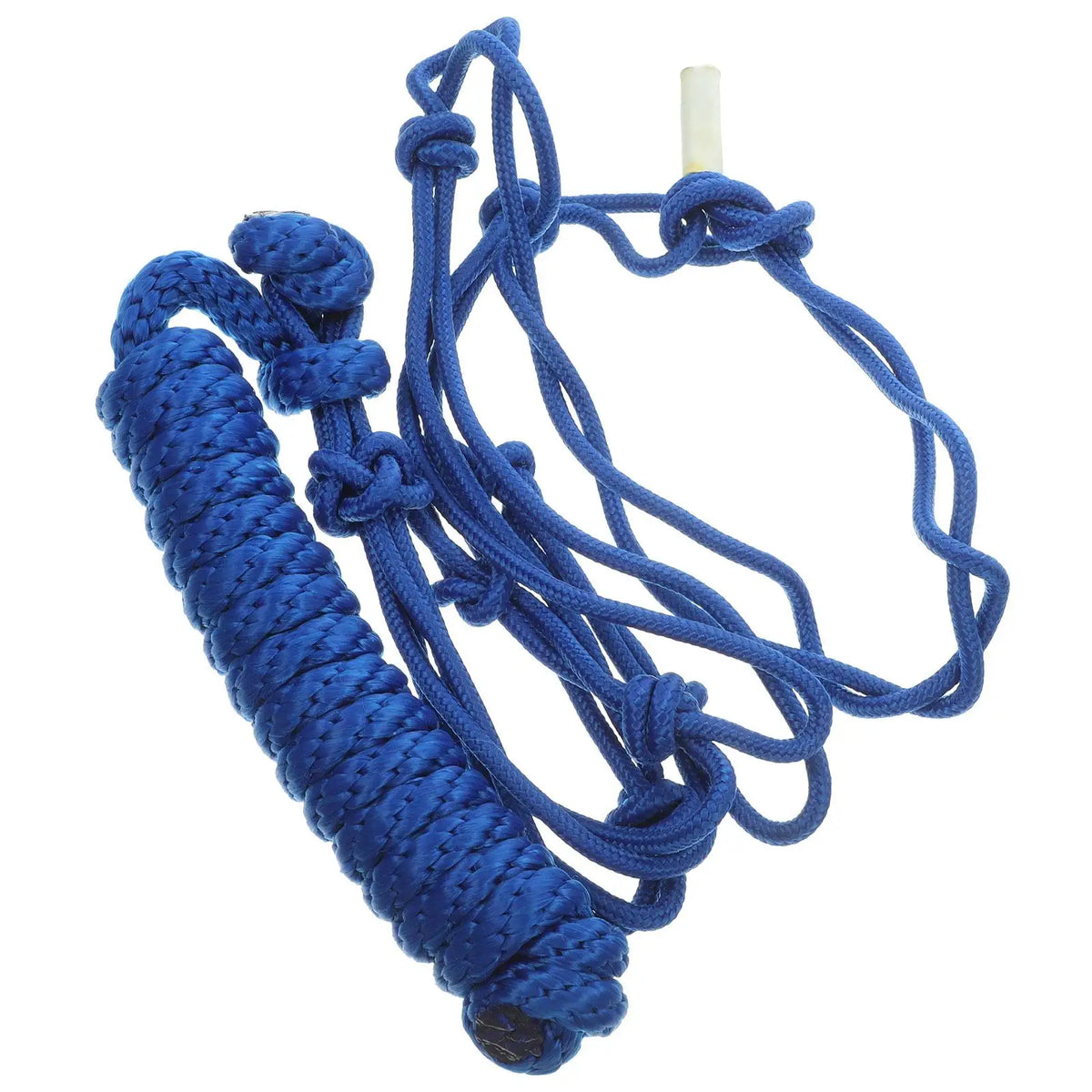 Blue breakaway horse halter with a white tag and knotted rope