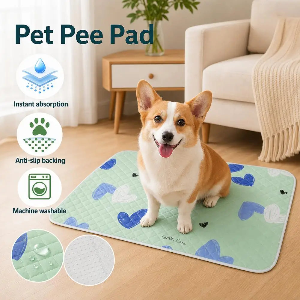 A happy dog stands on a green pet pee pad with blue hearts and clouds, demonstrating instant absorption and machine washabili