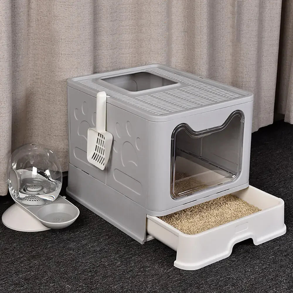 Foldable Cat Litter Box with Front Entry, Top Exit, and Drawer Tray