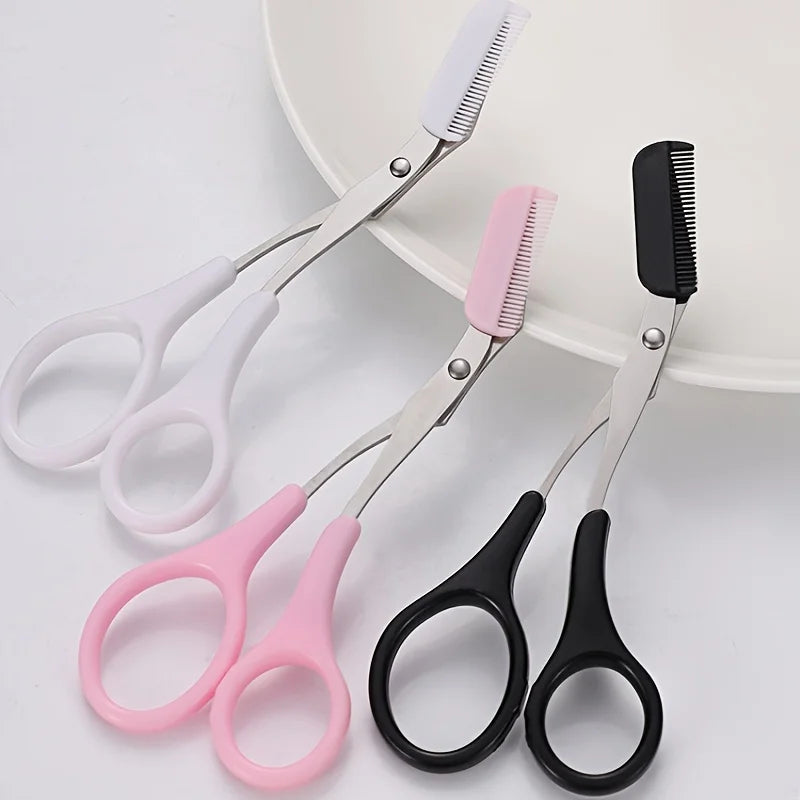 Edelstahl-Augenbrauen-Trimmkits mit Pinzette und Kamm in rosa und schwarz.
