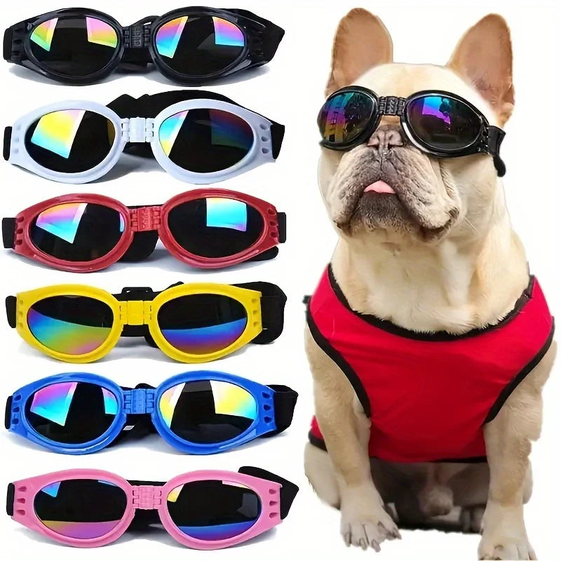 A collection of colorful collapsible dog sunglasses with adjustable straps shown against a white background.