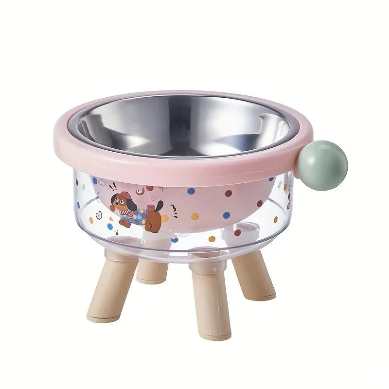 Elevated stainless steel double pet bowl with a pink rim and stand, featuring a decorative design.