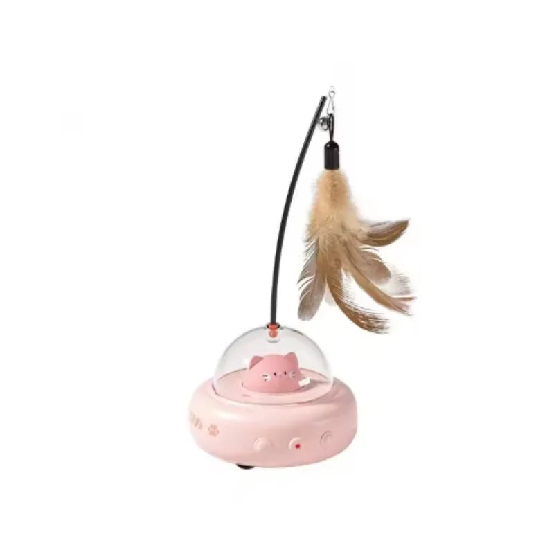 A pink interactive rotating feather cat toy with a USB rechargeable battery and hanging feather.